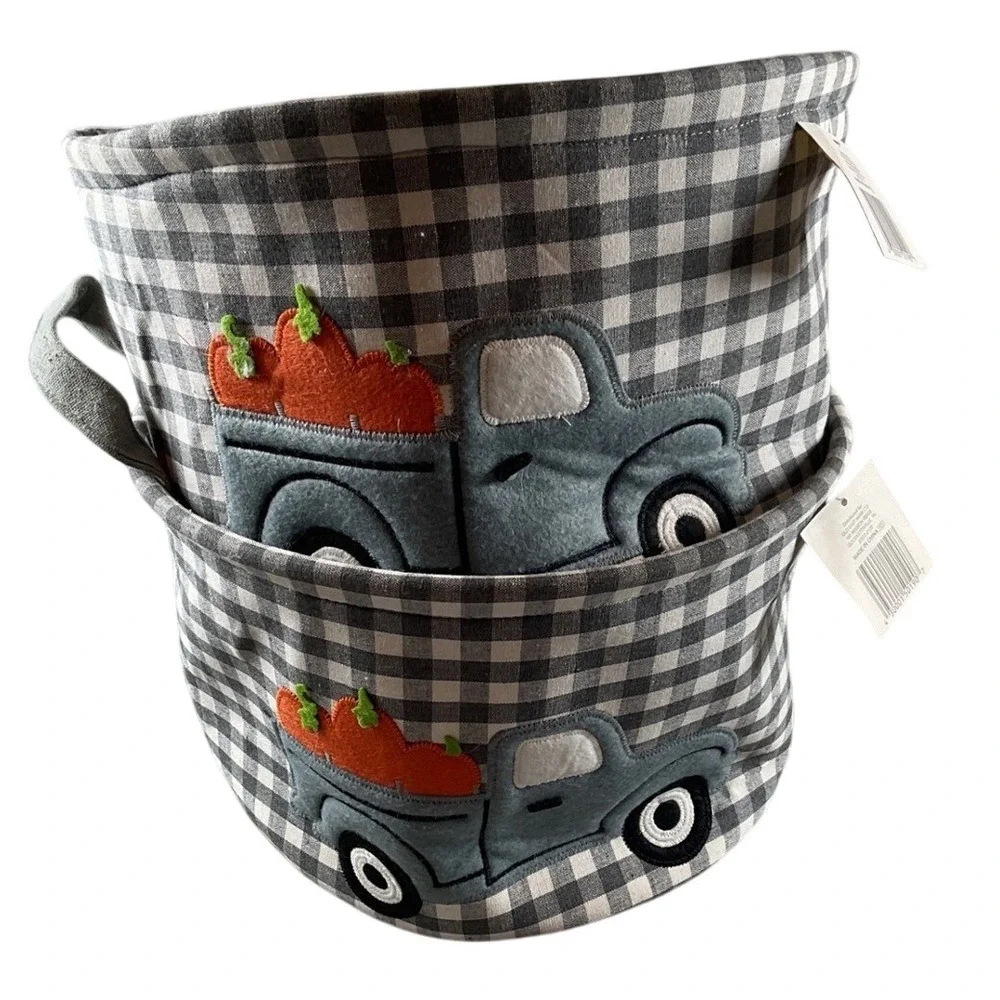 Gray Gingham Fabric Storage Basket Truck‎ with Pumpkins Fall Decor Bin
